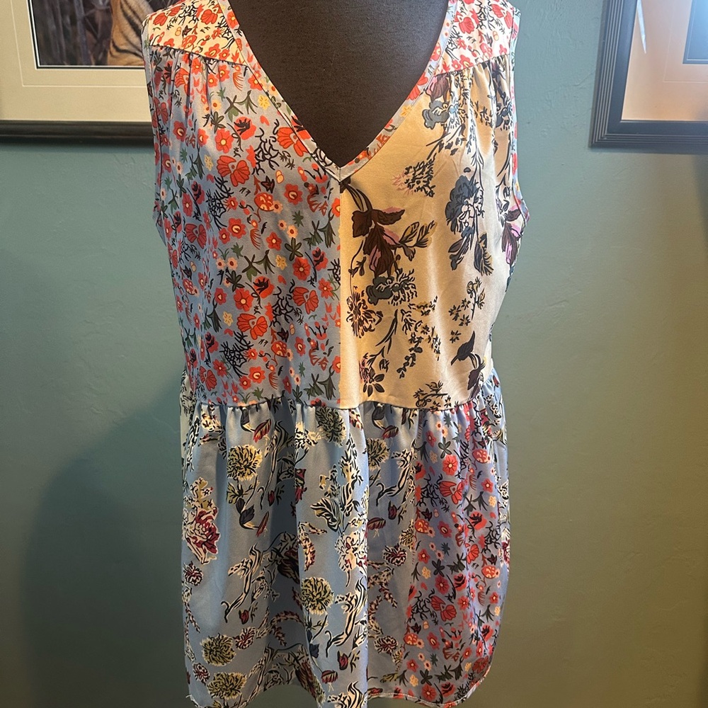 MISSLOOK Blue and Orange Sleeveless Ruffled Blouse Size Medium